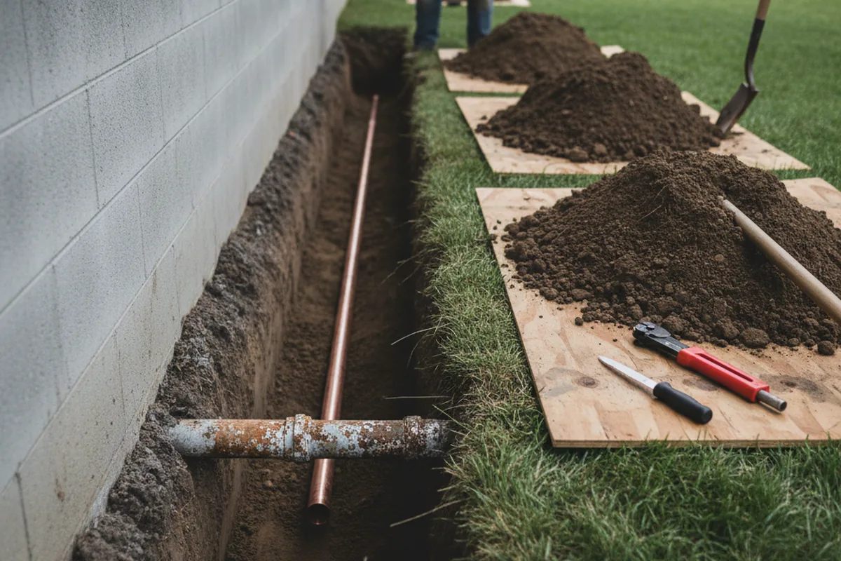 Excavated water line trench during Water Heater Repair in Virginville